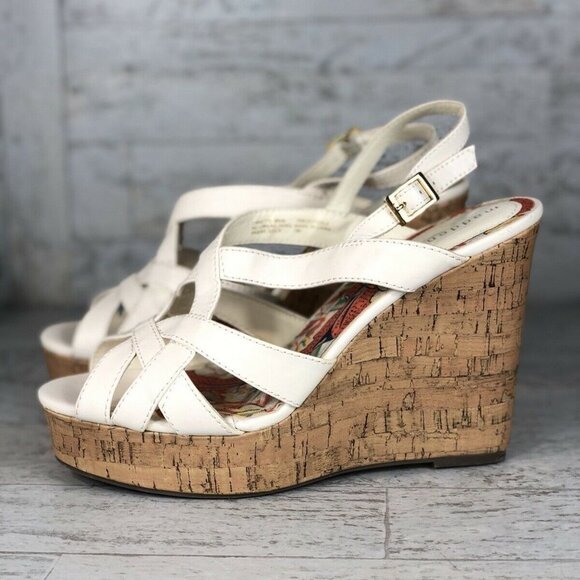 Michael Kors Platform Cork Wedges Strappy Sandals Ivory Leather Ennette Size 9.5 - Picture 1 of 11